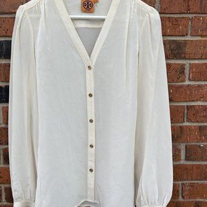 Tory Burch Ivory 100% Silk Long Sleeve Button Up Blouse Sz M Gold buttons